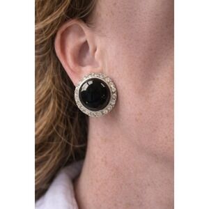 Vintage Black Cabochon Rhinestone Clip On Earrings Silver Tone Statement